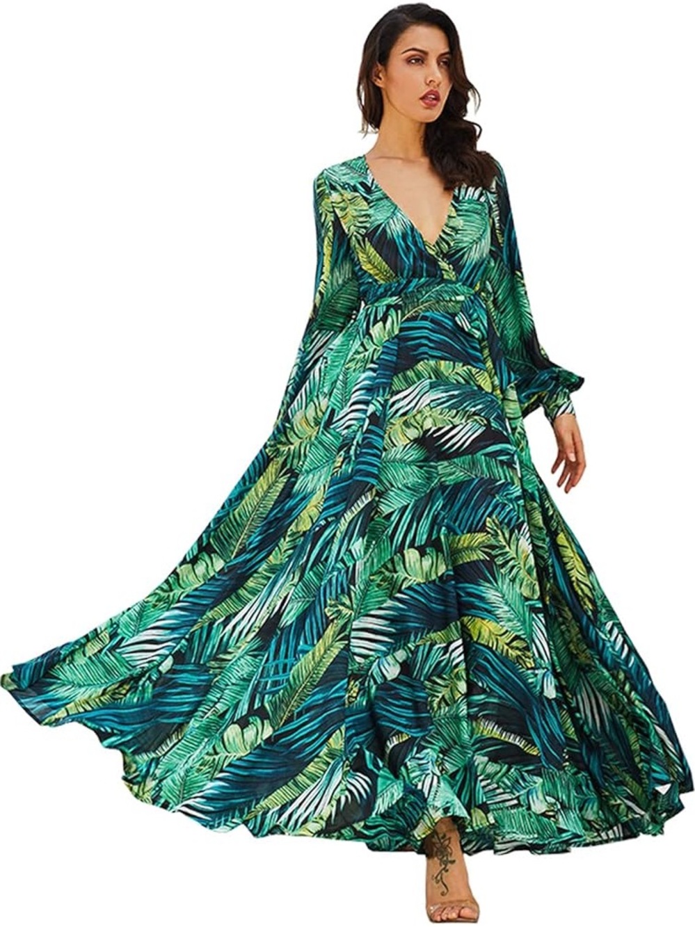 Green Tropical Leaf Maxi Dress with V-Neck and Long Sleeves